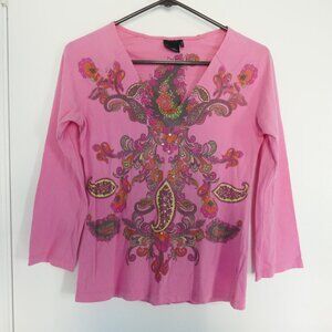 T Co pink 3/4 sleeve bejeweled multicolor paisley floral screenprint shirt sz S